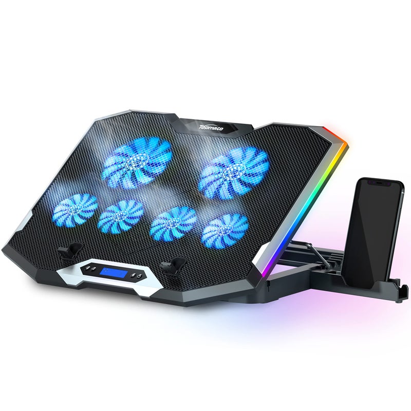 TopMate C11 Laptop Cooling Pad RGB Gaming Notebook Cooler, Laptop Fan Stand Adjustable Height with 6 Quiet Fans and Phone Holder, Computer Chill Mat, for 15.6-17.3 Inch Laptops - Blue LED Light - Image 1